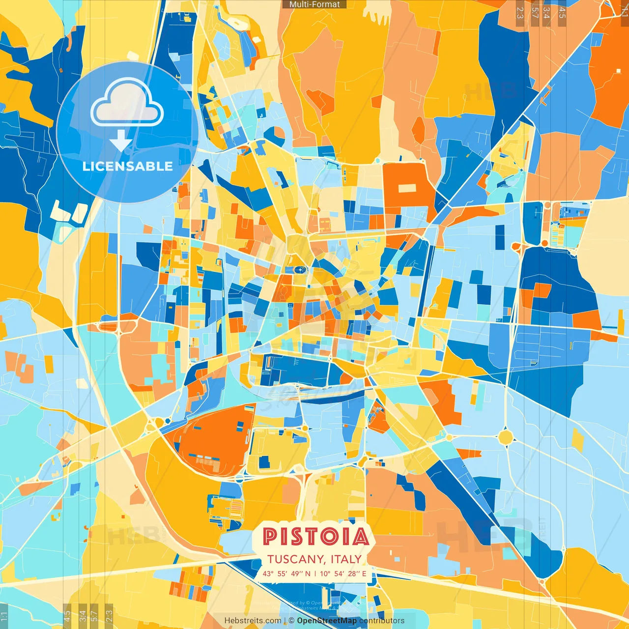 Pistoia, Tuscany, Italy blue and orange vector art map template