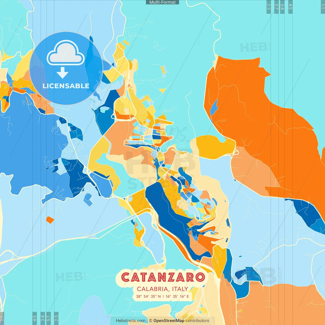 Catanzaro, Calabria, Italy blue and orange vector art map template