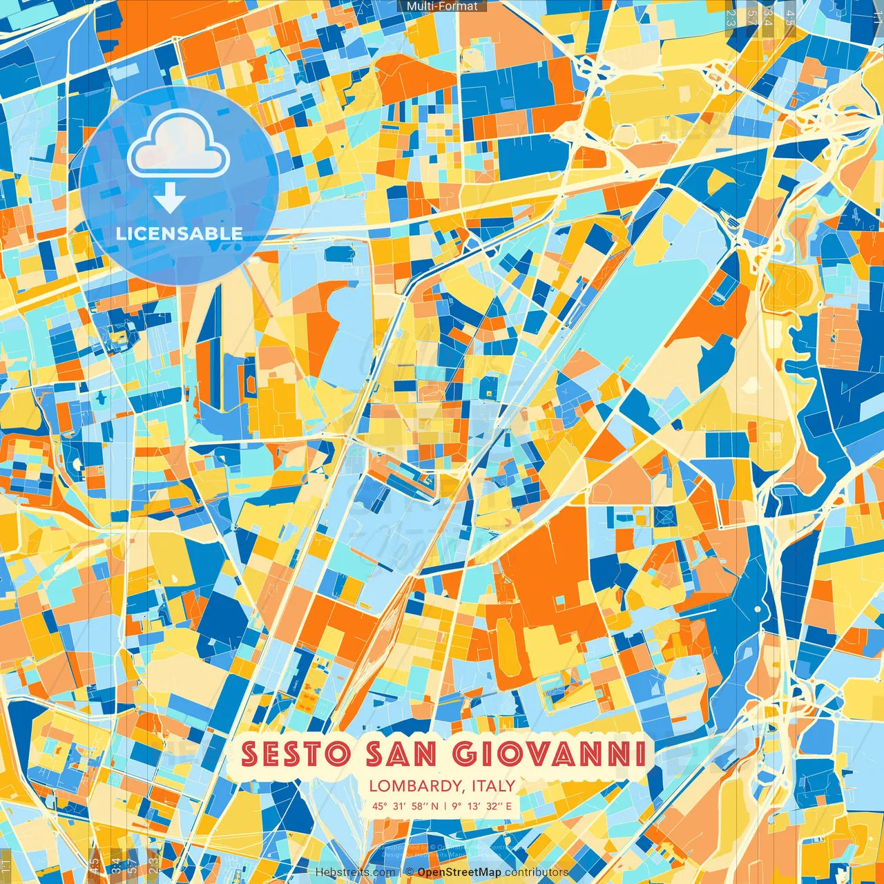 Sesto San Giovanni, Lombardy, Italy blue and orange vector art map template