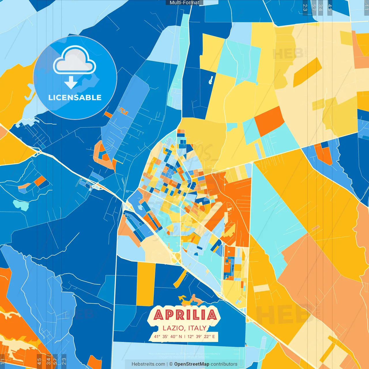 Aprilia, Lazio, Italy blue and orange vector art map template