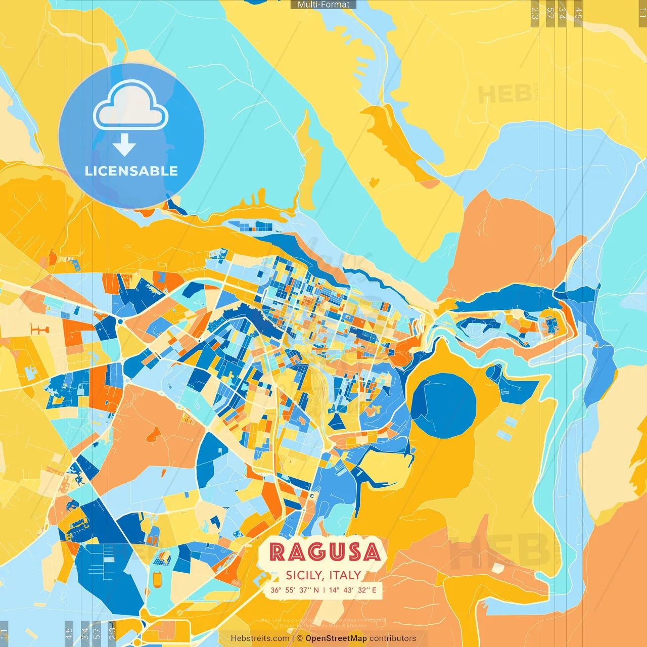 Ragusa, Sicily, Italy blue and orange vector art map template