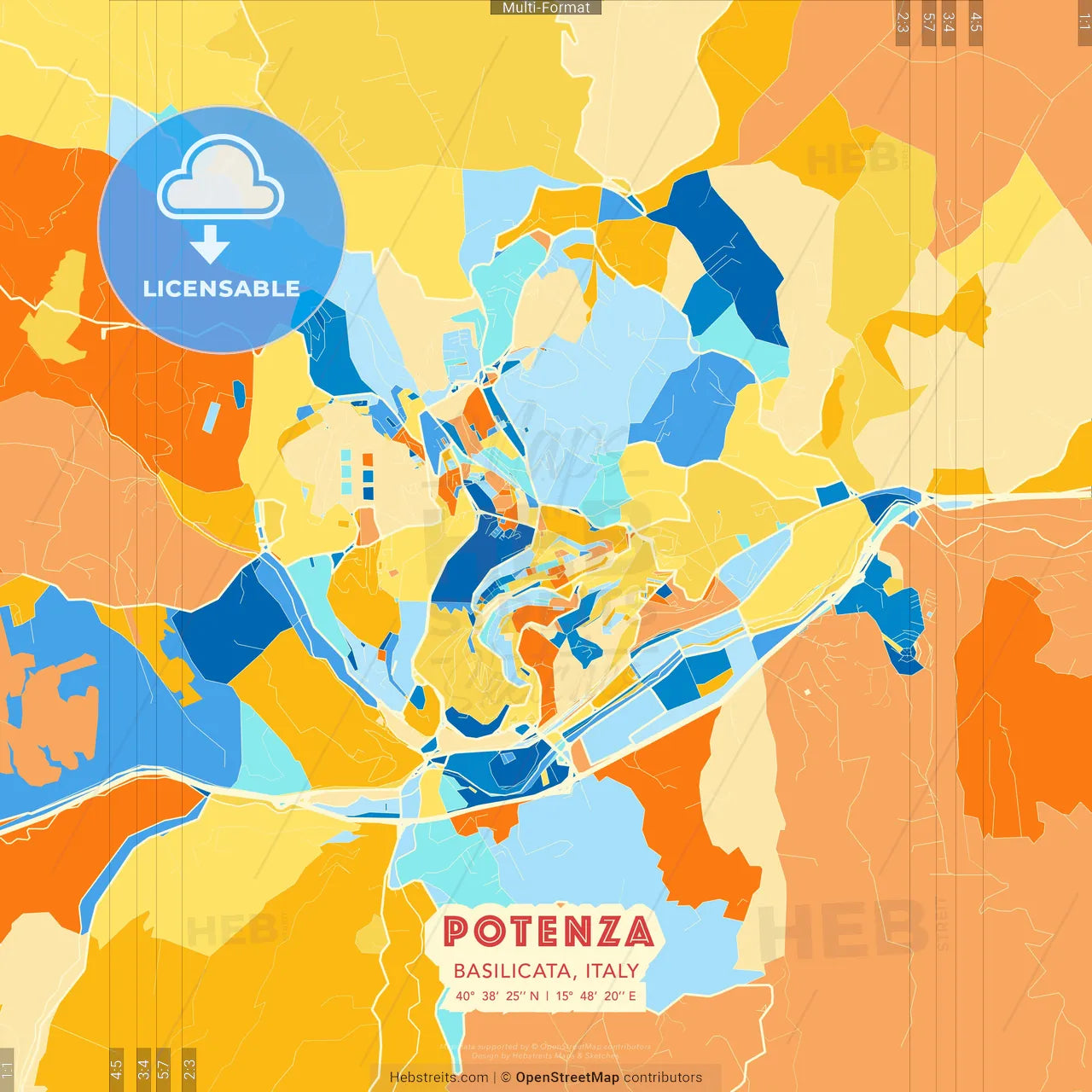 Potenza, Basilicata, Italy blue and orange vector art map template