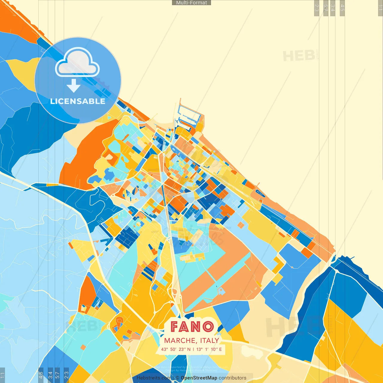 Fano, Marche, Italy blue and orange vector art map template