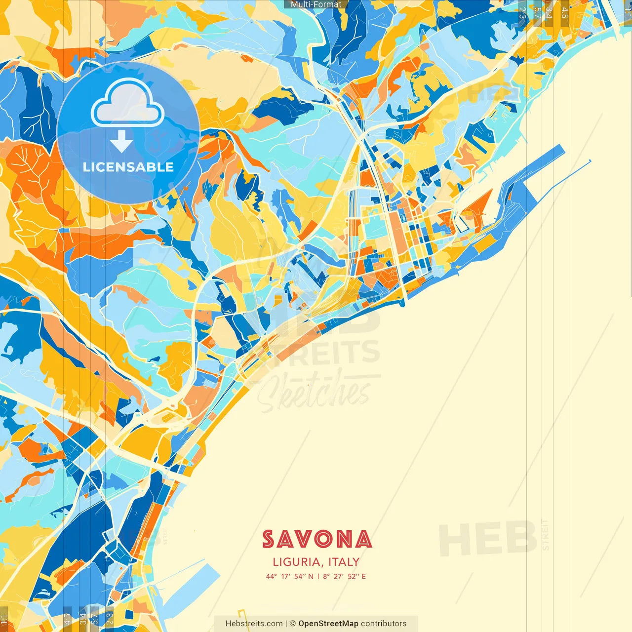 Savona, Liguria, Italy blue and orange vector art map template