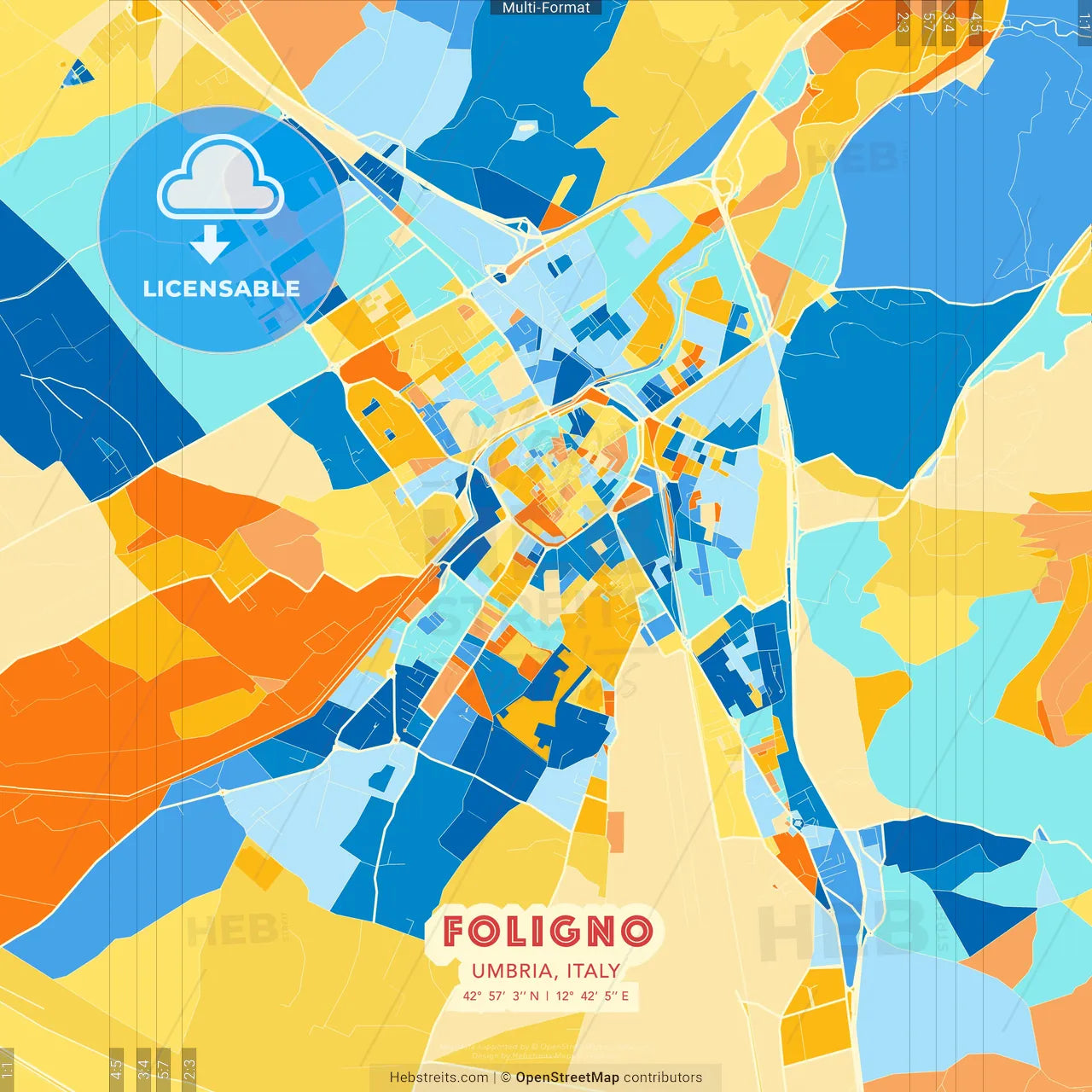 Foligno, Umbria, Italy blue and orange vector art map template