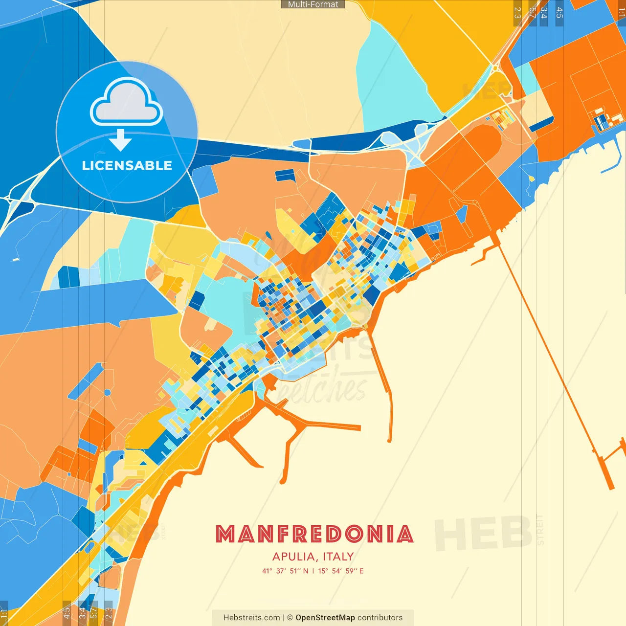 Manfredonia, Apulia, Italy blue and orange vector art map template