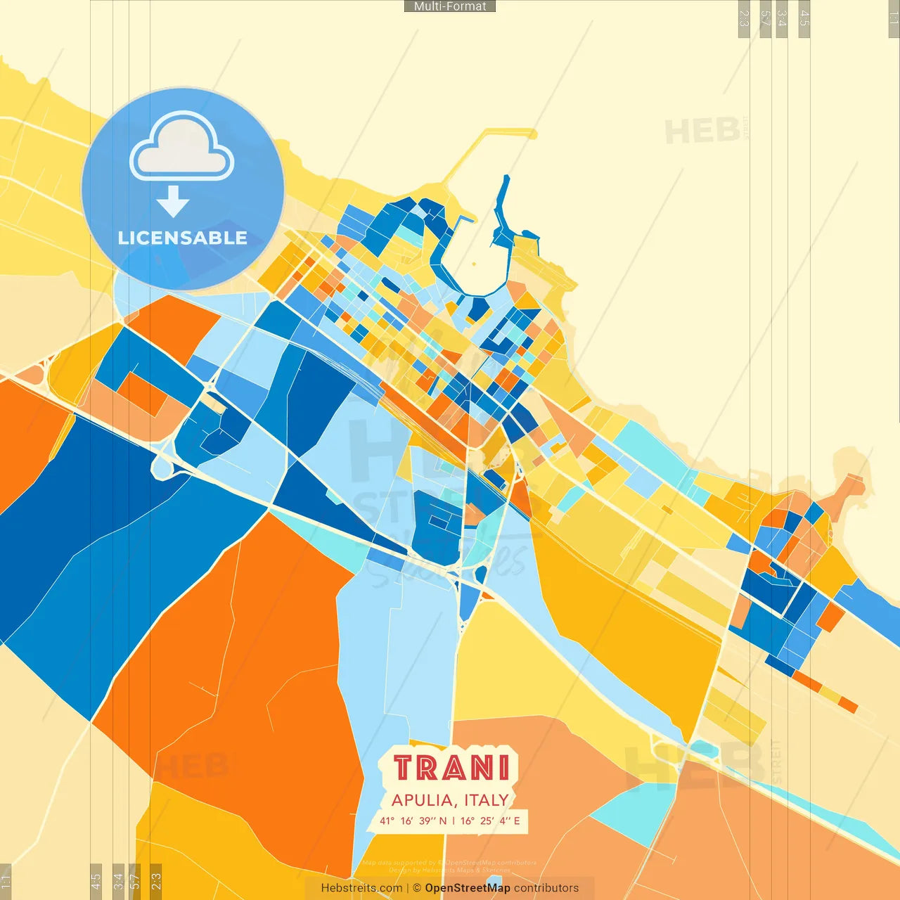 Trani, Apulia, Italy blue and orange vector art map template
