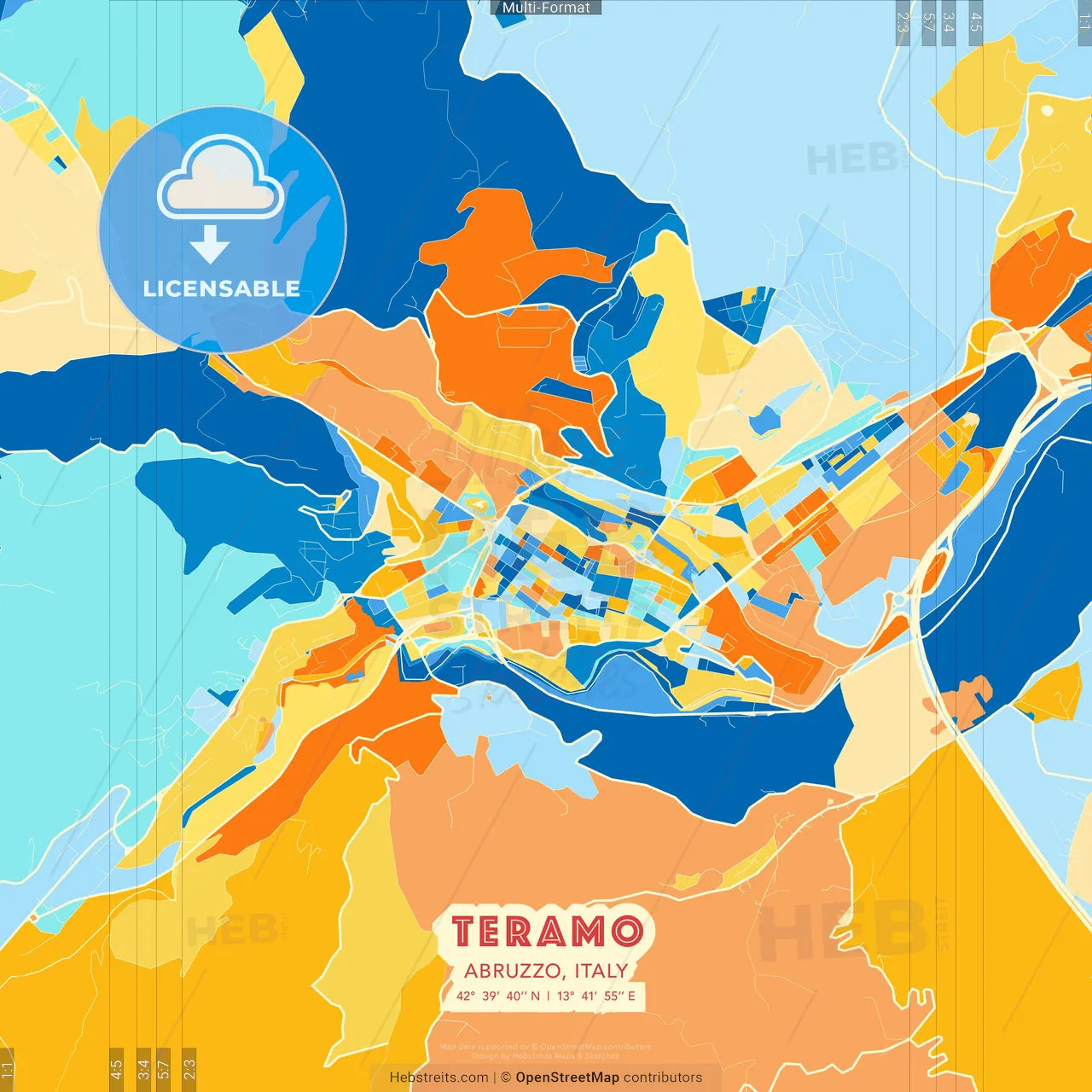 Teramo, Abruzzo, Italy blue and orange vector art map template
