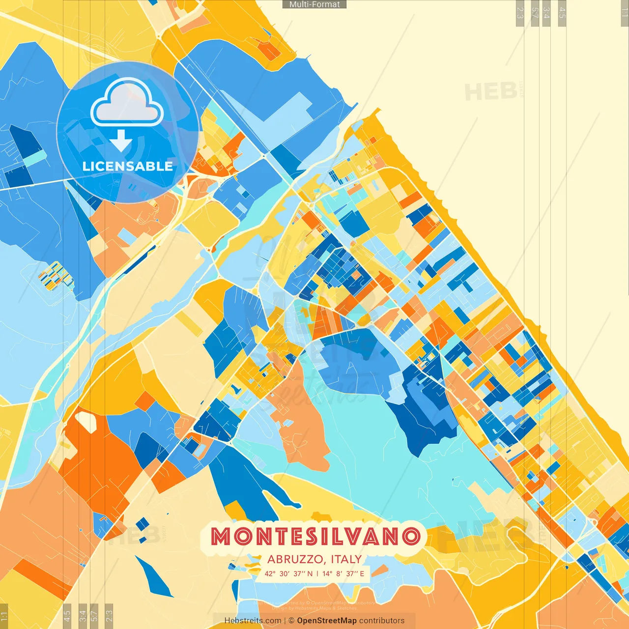 Montesilvano, Abruzzo, Italy blue and orange vector art map template