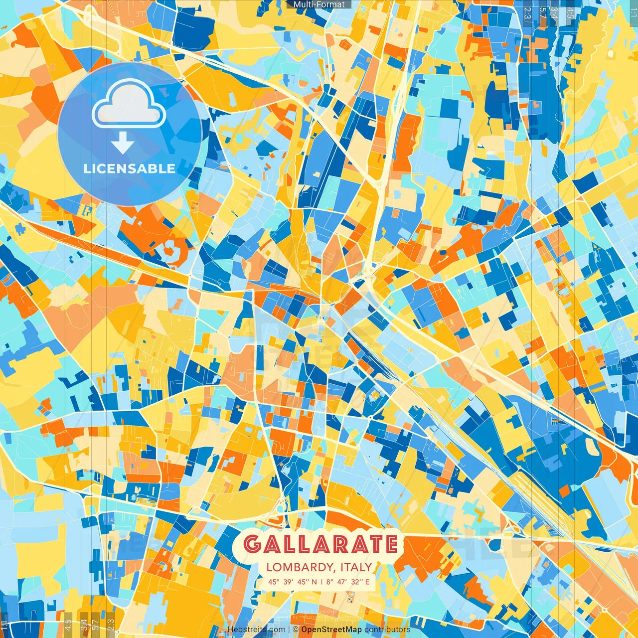 Gallarate, Lombardy, Italy blue and orange vector art map template
