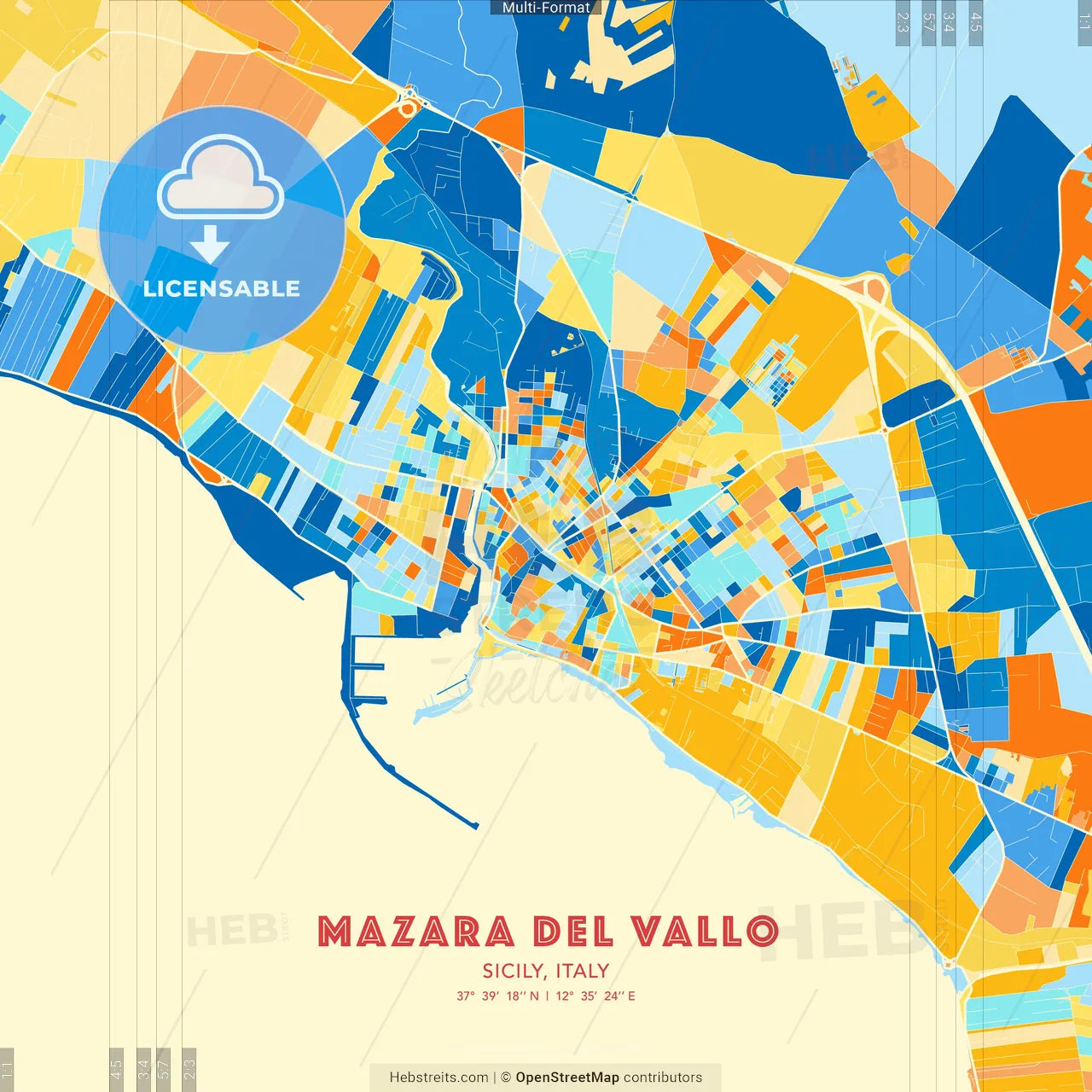 Mazara del Vallo, Sicily, Italy blue and orange vector art map template