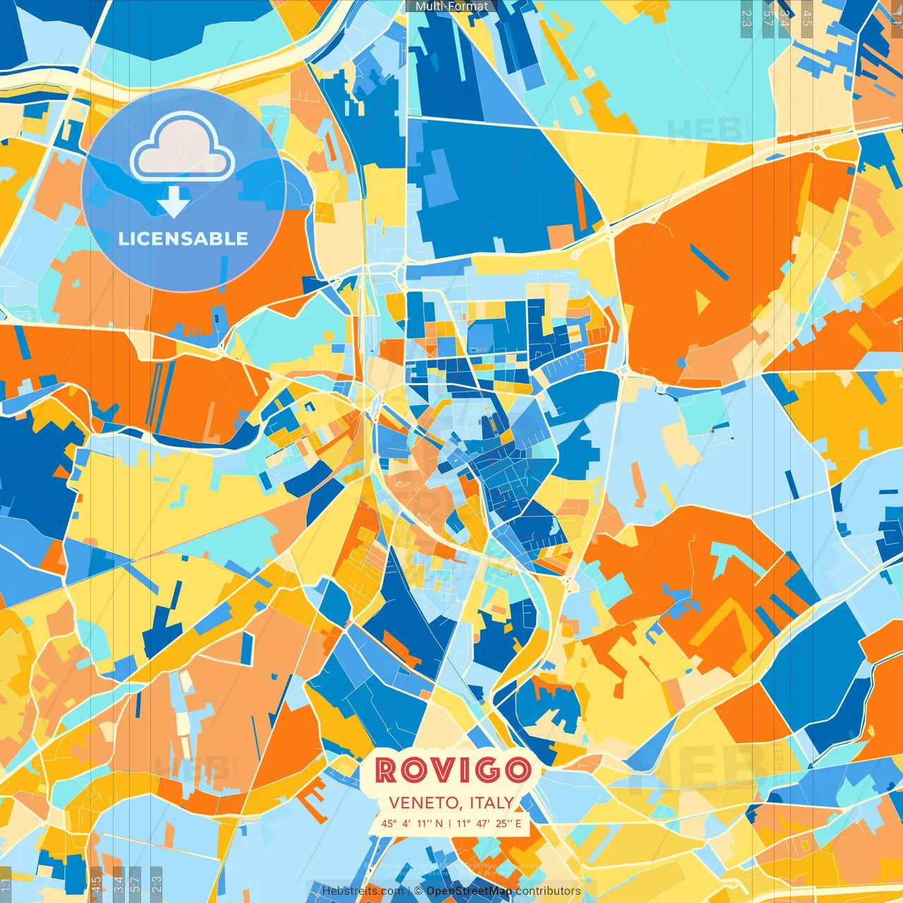 Rovigo, Veneto, Italy blue and orange vector art map template