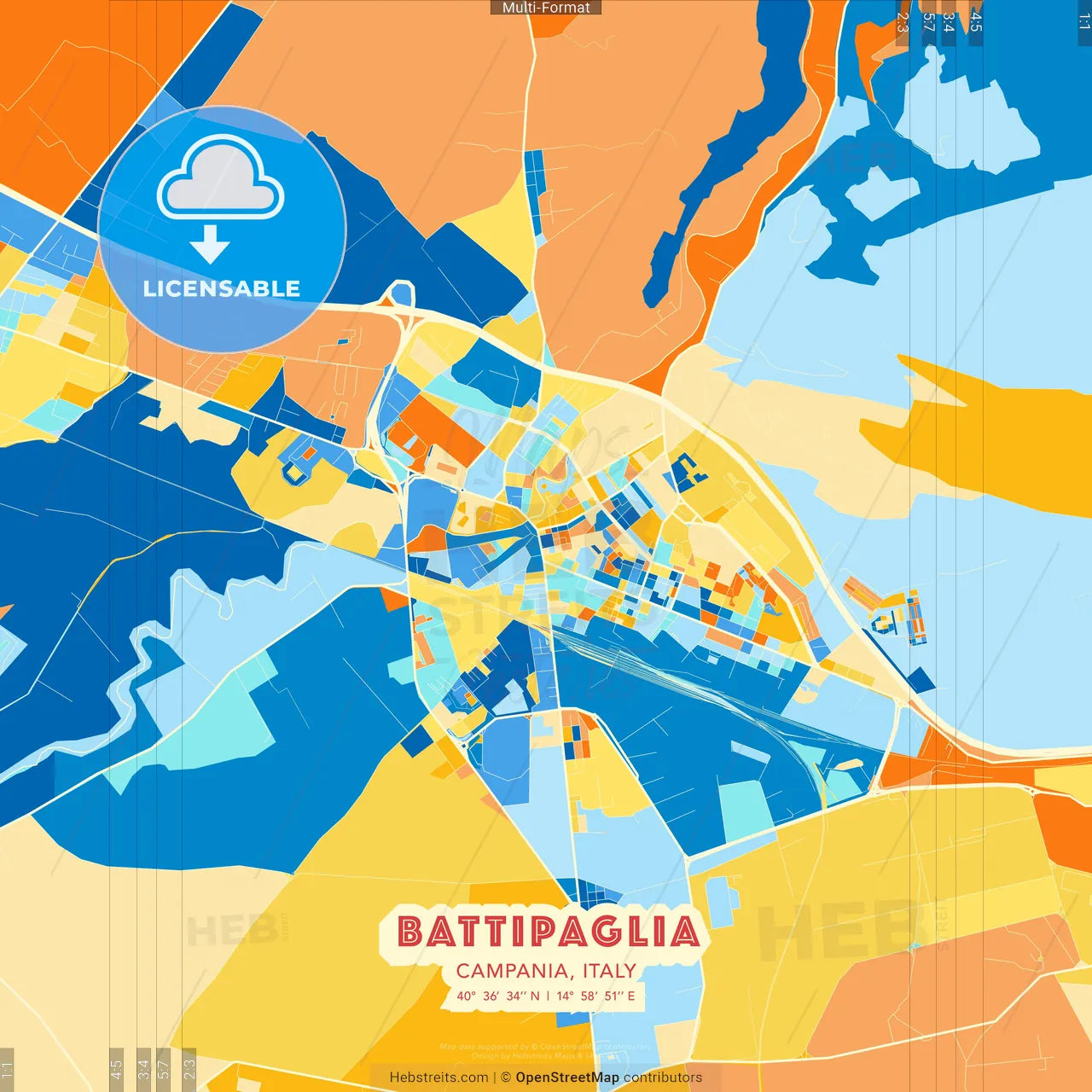 Battipaglia, Campania, Italy blue and orange vector art map template