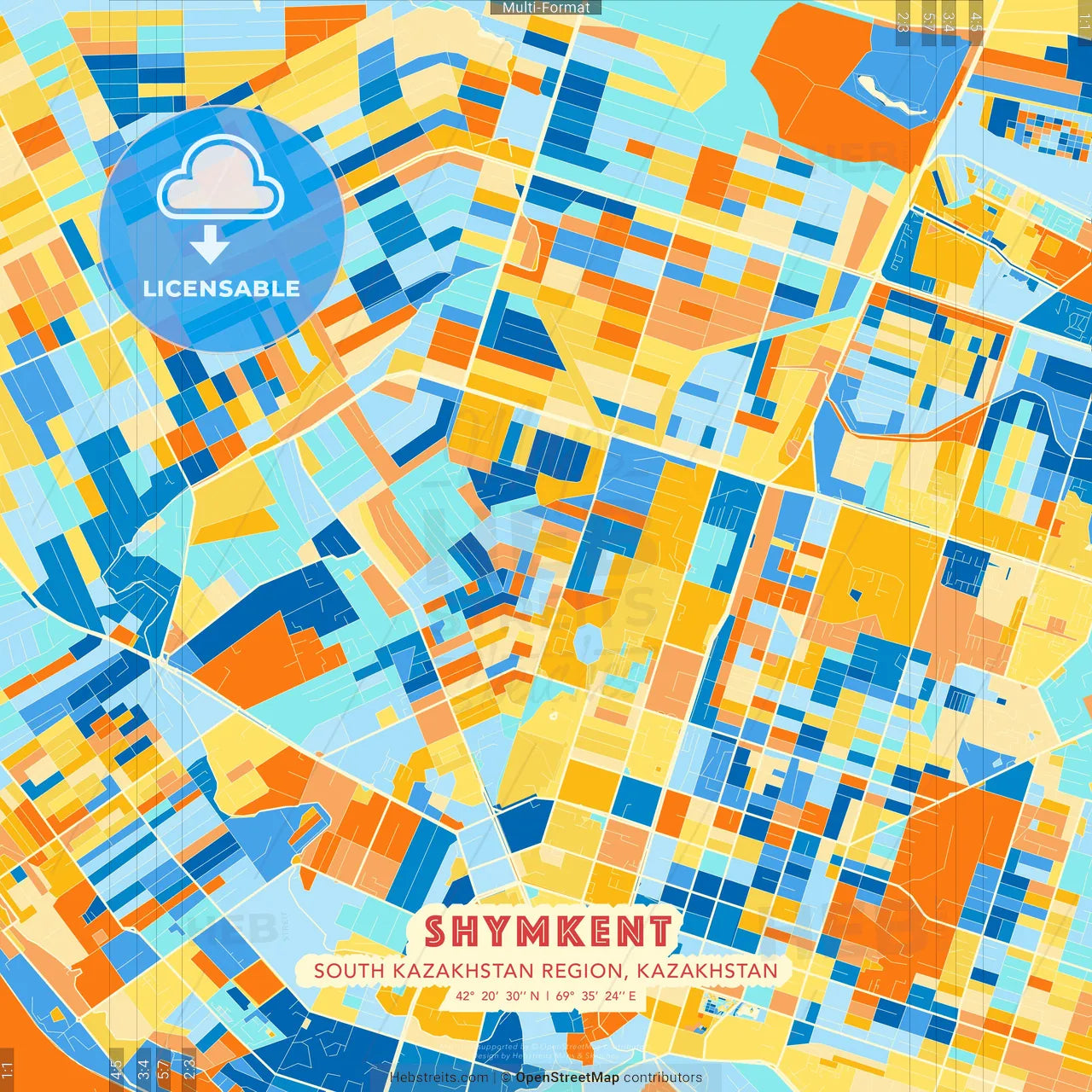 Shymkent, South Kazakhstan Region, Kazakhstan blue and orange vector art map template