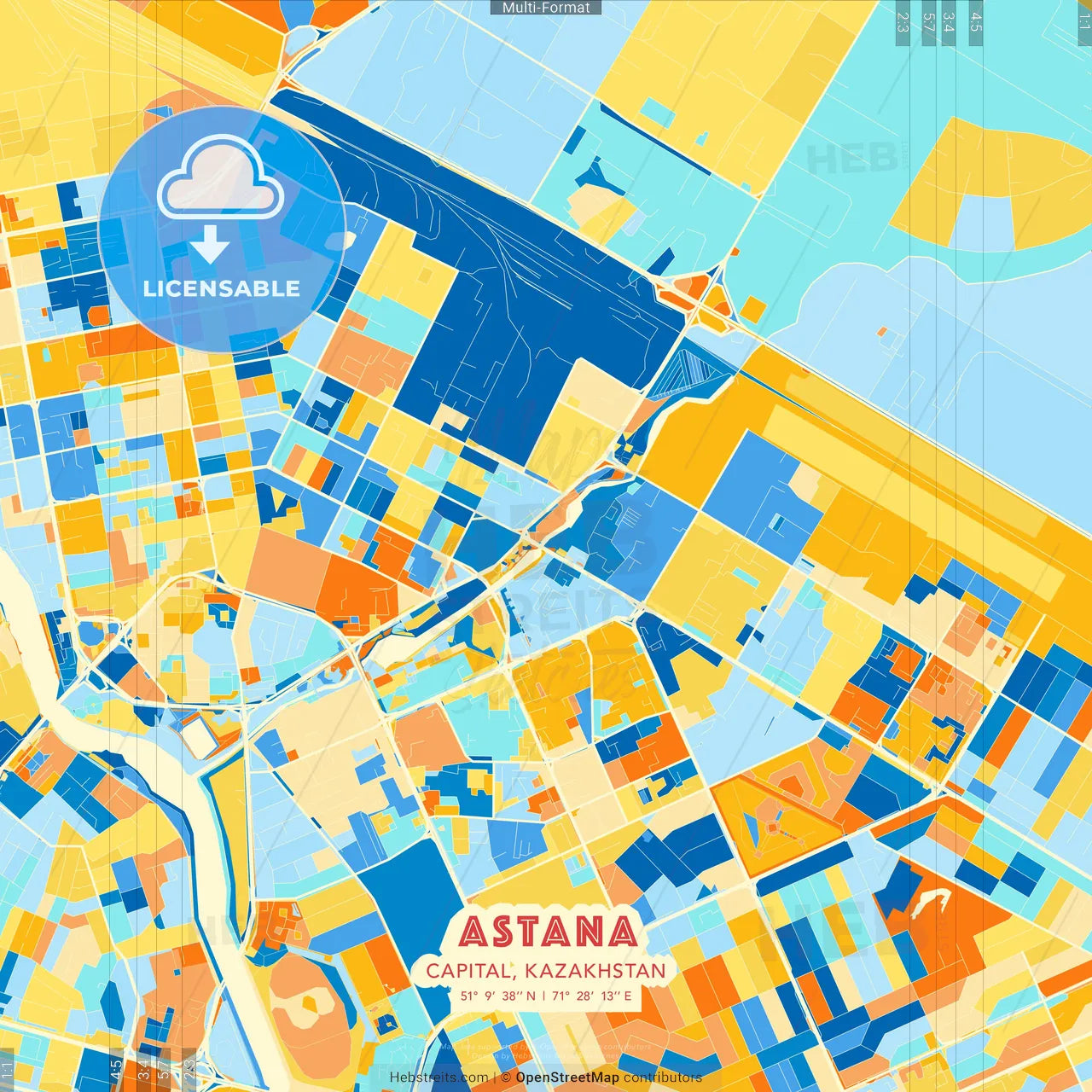 Astana, Capital, Kazakhstan blue and orange vector art map template