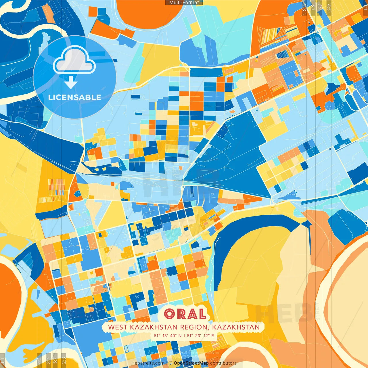 Oral, West Kazakhstan Region, Kazakhstan blue and orange vector art map template