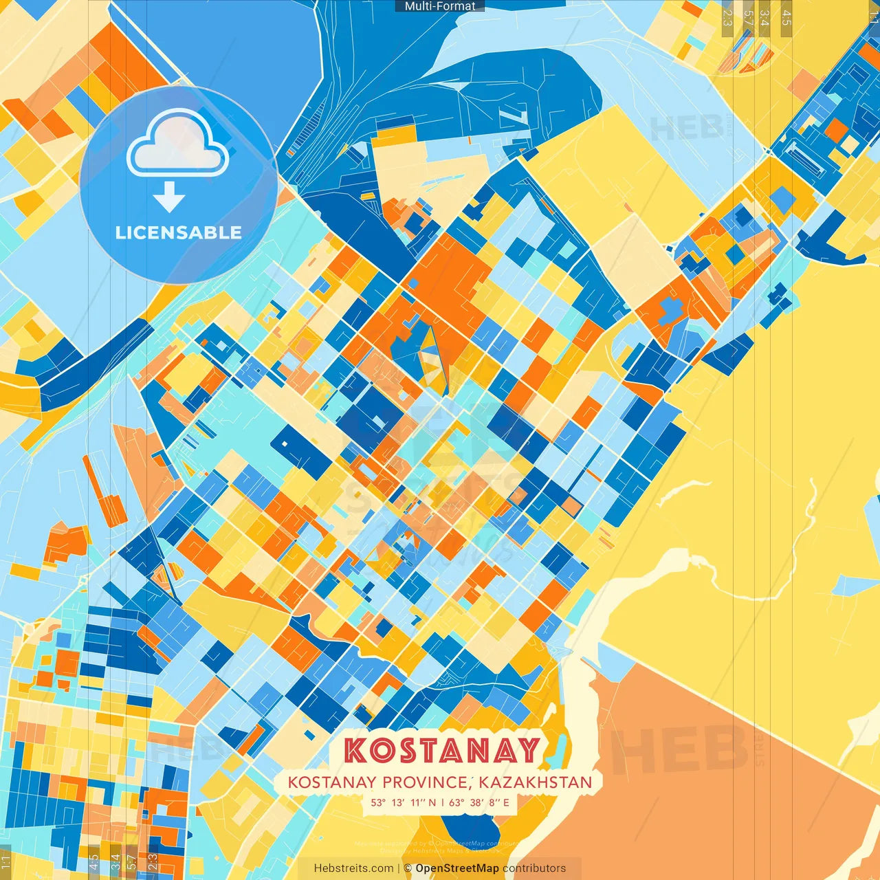 Kostanay, Kostanay Province, Kazakhstan blue and orange vector art map template