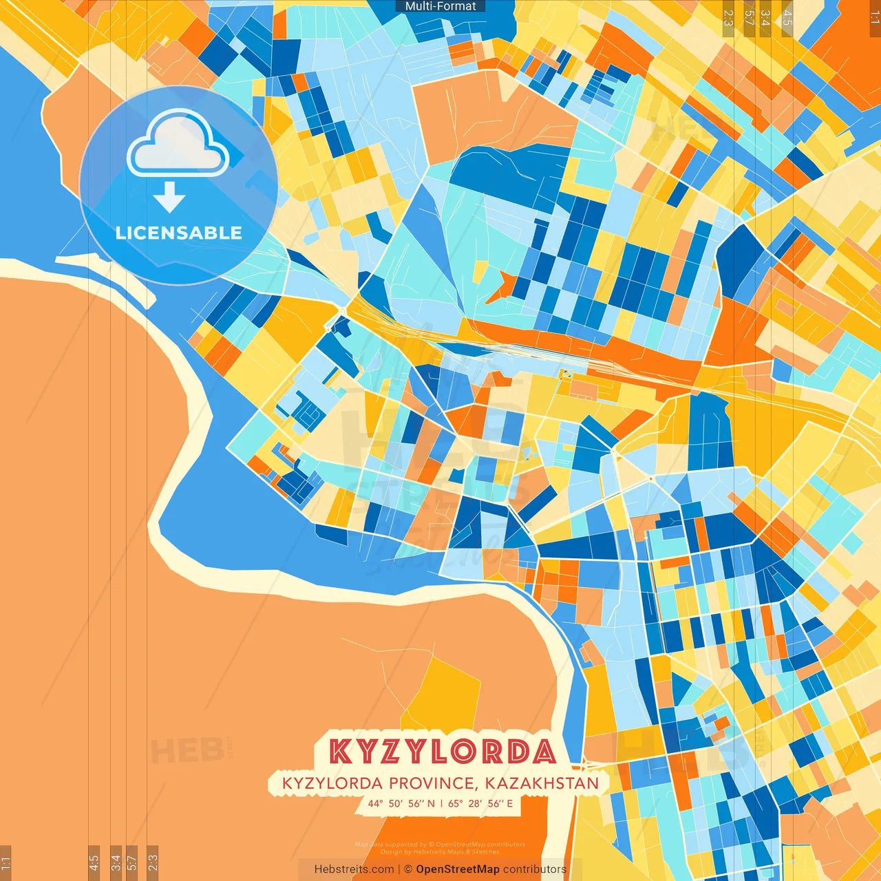 Kyzylorda, Kyzylorda Province, Kazakhstan blue and orange vector art map template