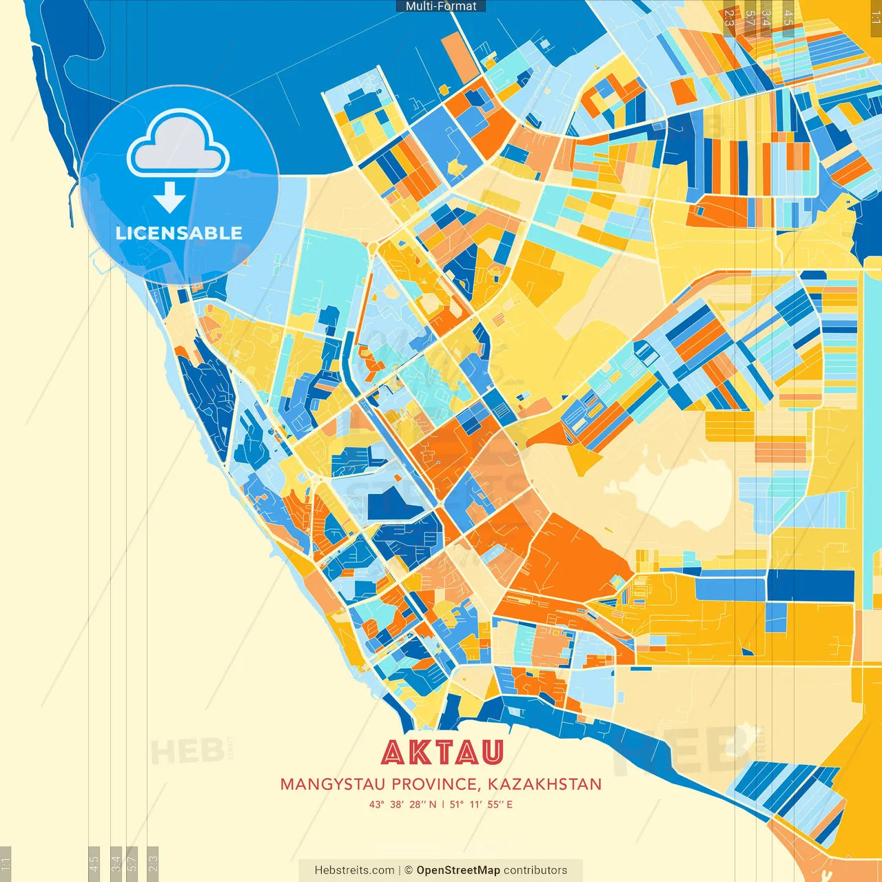 Aktau, Mangystau Province, Kazakhstan blue and orange vector art map template