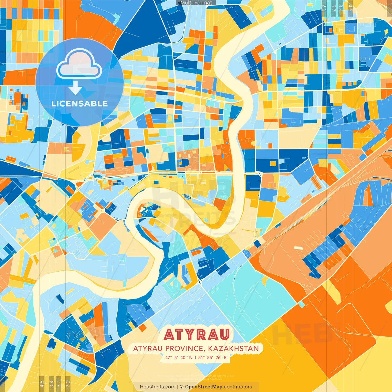 Atyrau, Atyrau province, Kazakhstan blue and orange vector art map template