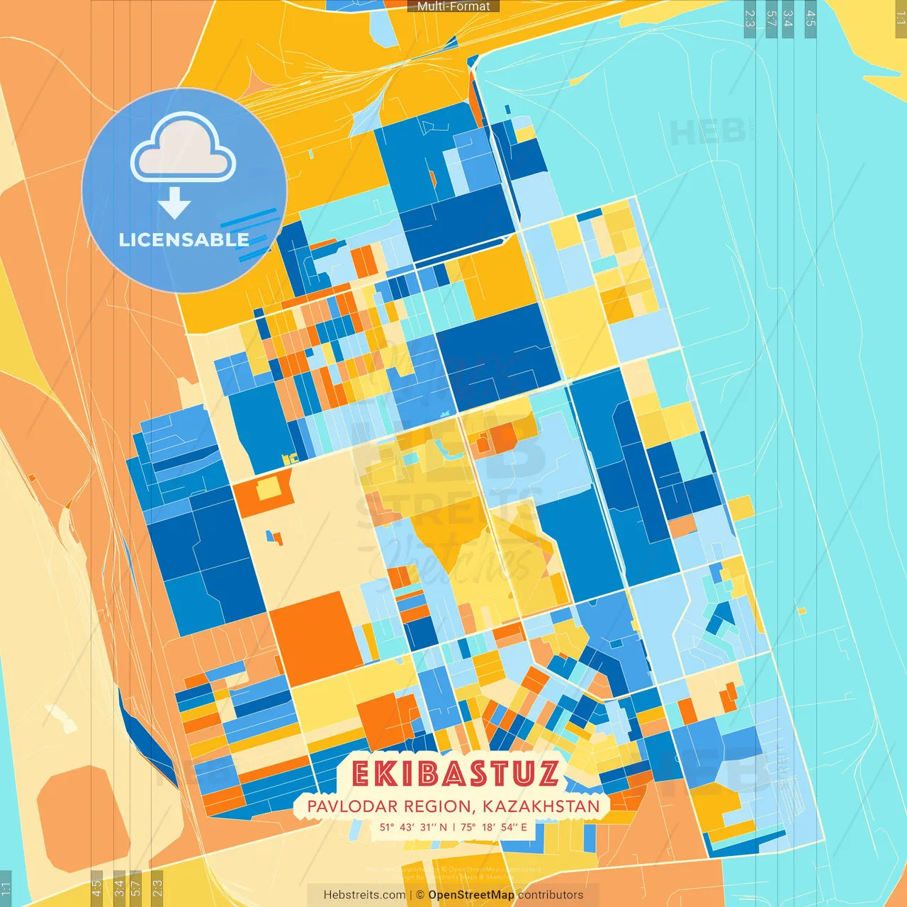 Ekibastuz, Pavlodar Region, Kazakhstan blue and orange vector art map template