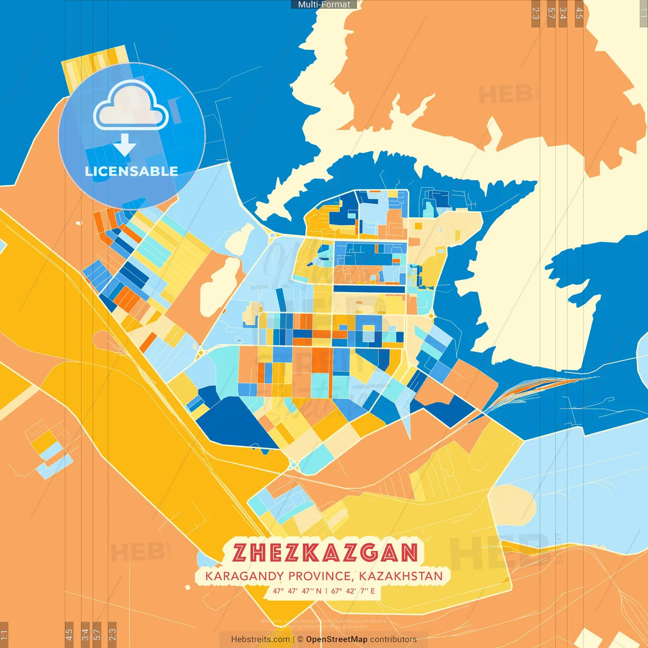 Zhezkazgan, Karagandy Province, Kazakhstan blue and orange vector art map template