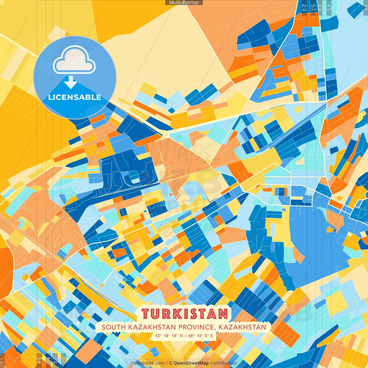 Turkistan, South Kazakhstan Province, Kazakhstan blue and orange vector art map template