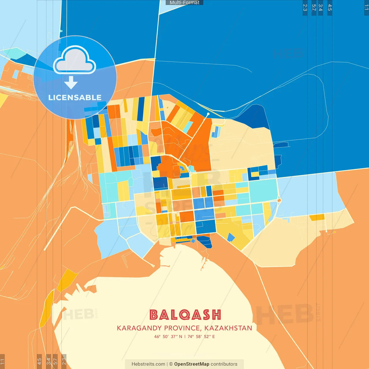 Balqash, Karagandy Province, Kazakhstan blue and orange vector art map template