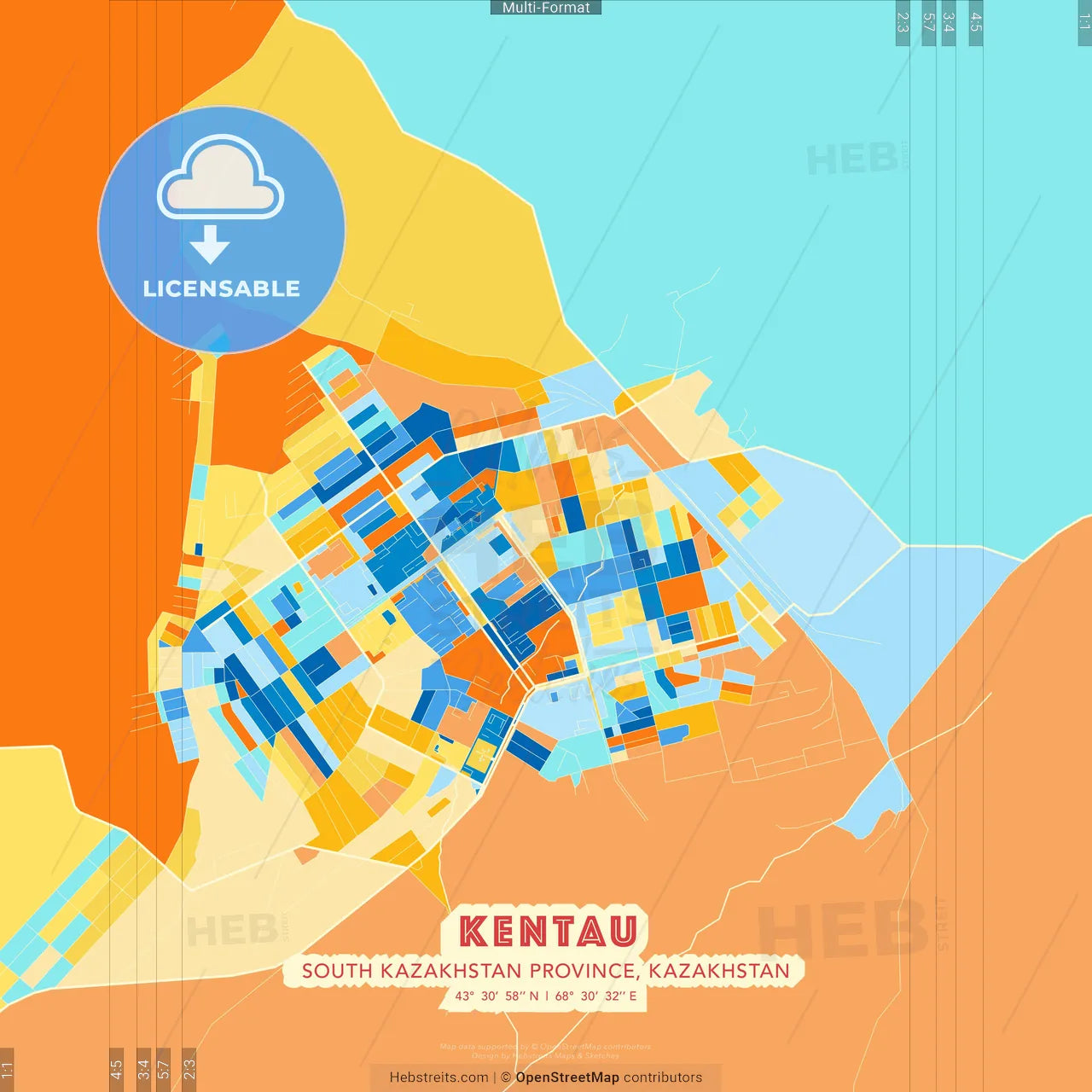 Kentau, South Kazakhstan Province, Kazakhstan blue and orange vector art map template