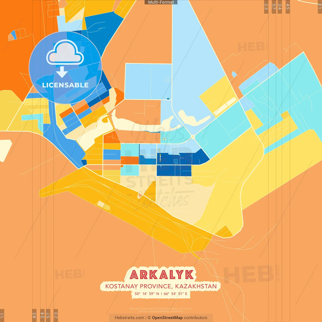Arkalyk, Kostanay Province, Kazakhstan blue and orange vector art map template