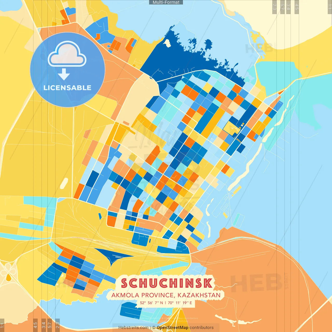 Schuchinsk, Akmola Province, Kazakhstan blue and orange vector art map template