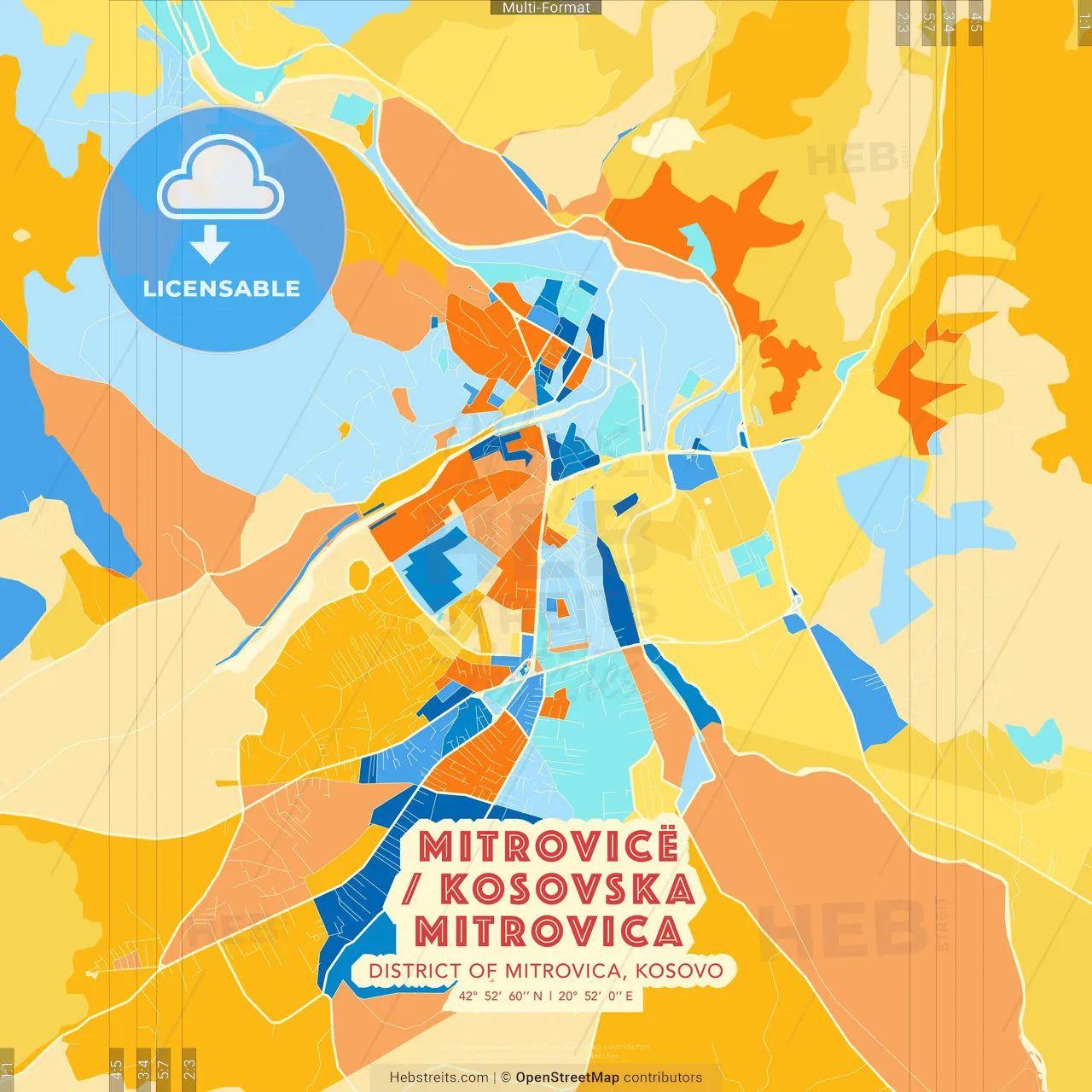 Mitrovicë / Kosovska Mitrovica, District of Mitrovica, Kosovo blue and orange vector art map template