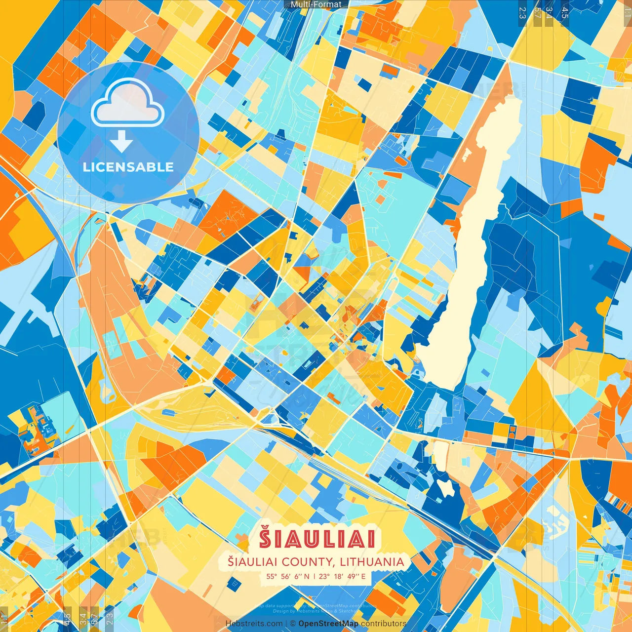 Šiauliai, Šiauliai County, Lithuania blue and orange vector art map template