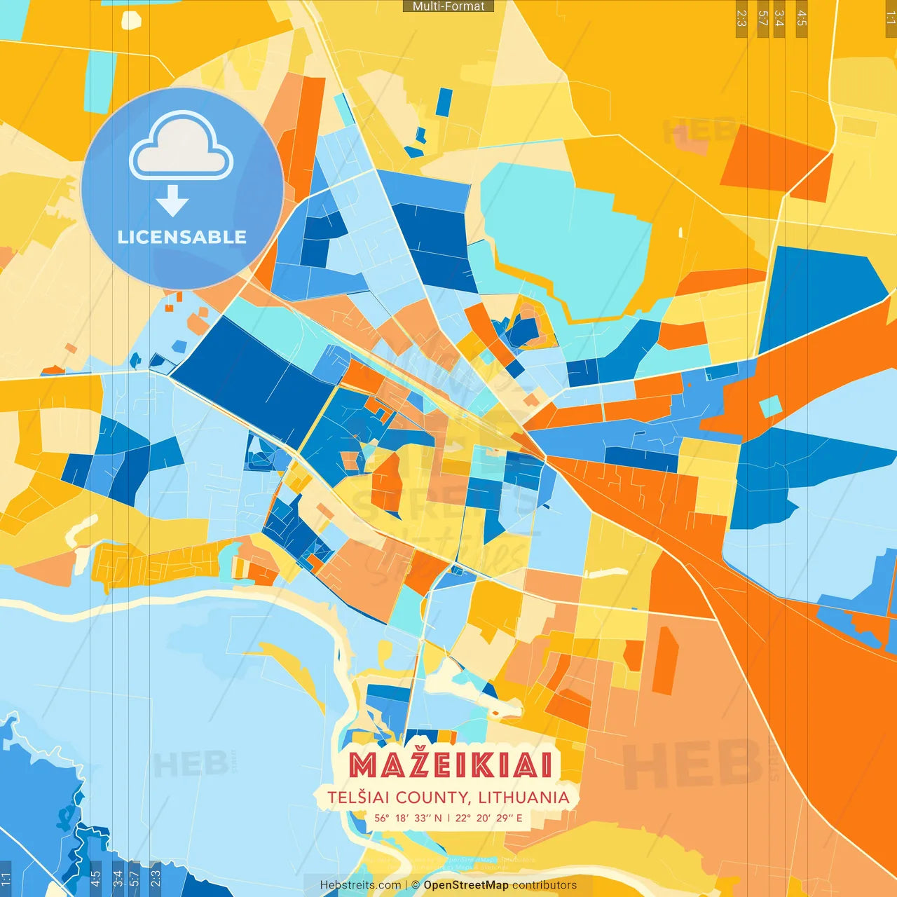 Mažeikiai, Telšiai County, Lithuania blue and orange vector art map template
