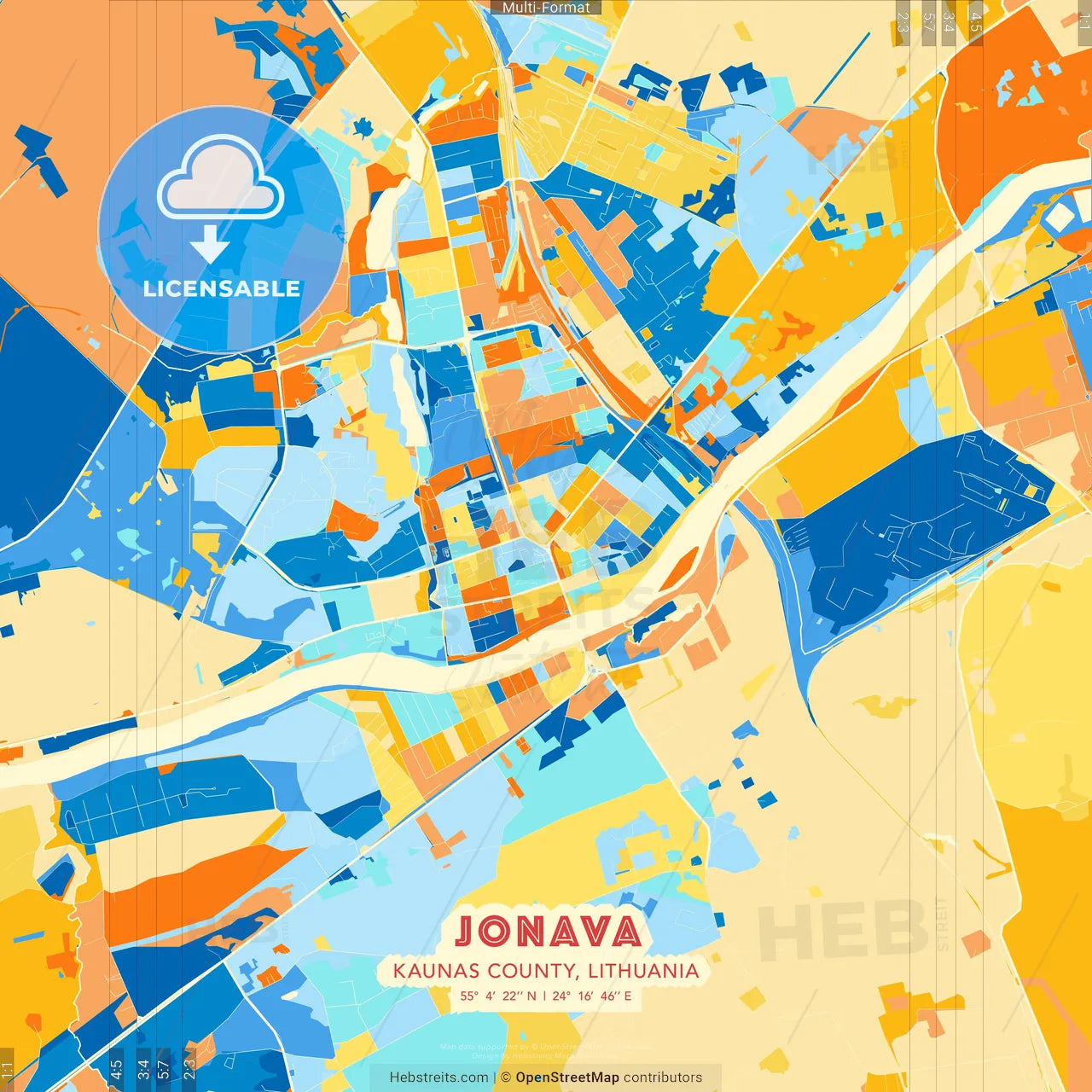 Jonava, Kaunas County, Lithuania blue and orange vector art map template
