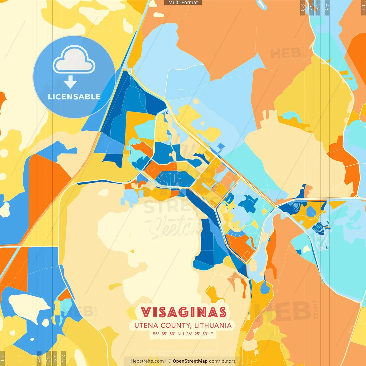 Visaginas, Utena County, Lithuania blue and orange vector art map template