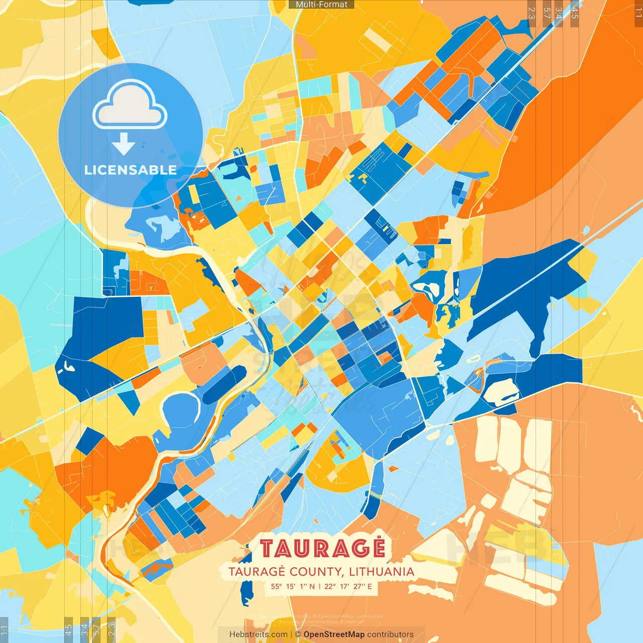 Tauragė, Tauragė County, Lithuania blue and orange vector art map template