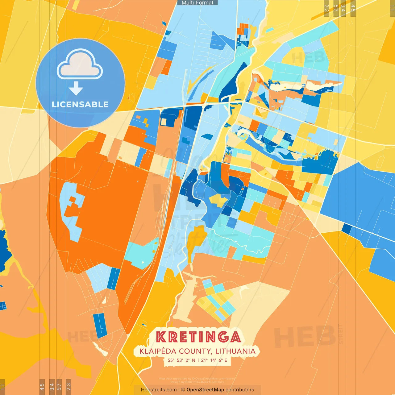Kretinga, Klaipėda County, Lithuania blue and orange vector art map template