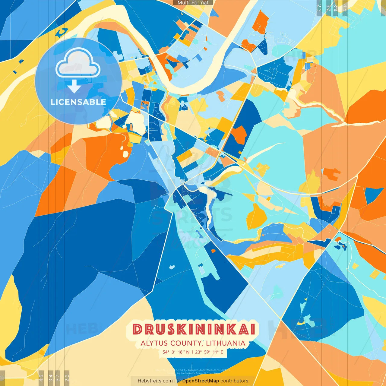 Druskininkai, Alytus County, Lithuania blue and orange vector art map template