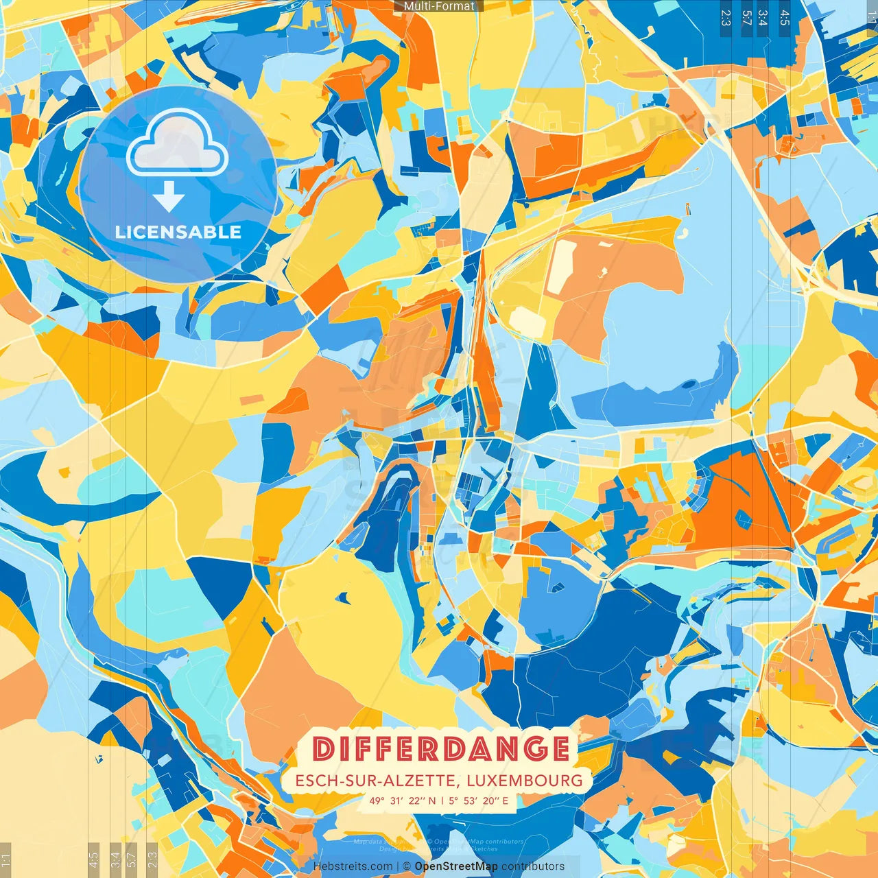 Differdange, Esch-sur-Alzette, Luxembourg blue and orange vector art map template