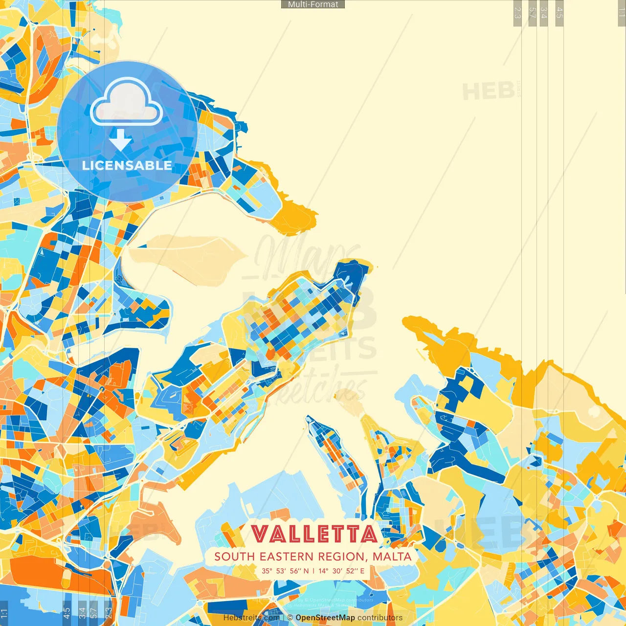Valletta, South Eastern Region, Malta blue and orange vector art map template