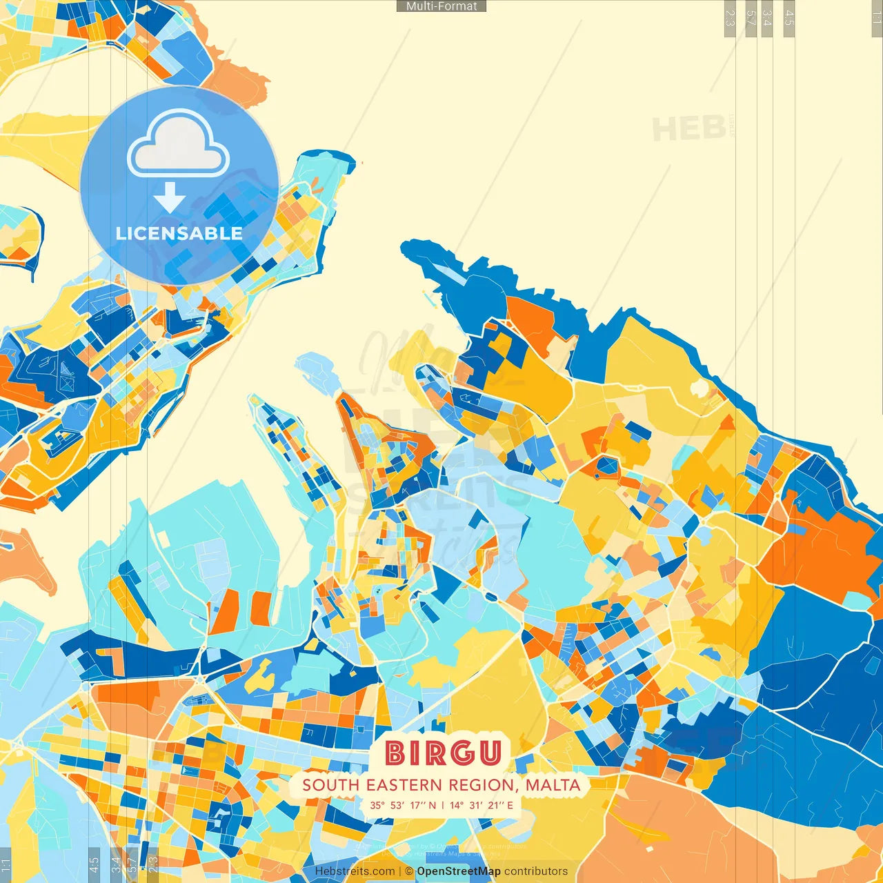 Birgu, South Eastern Region, Malta blue and orange vector art map template