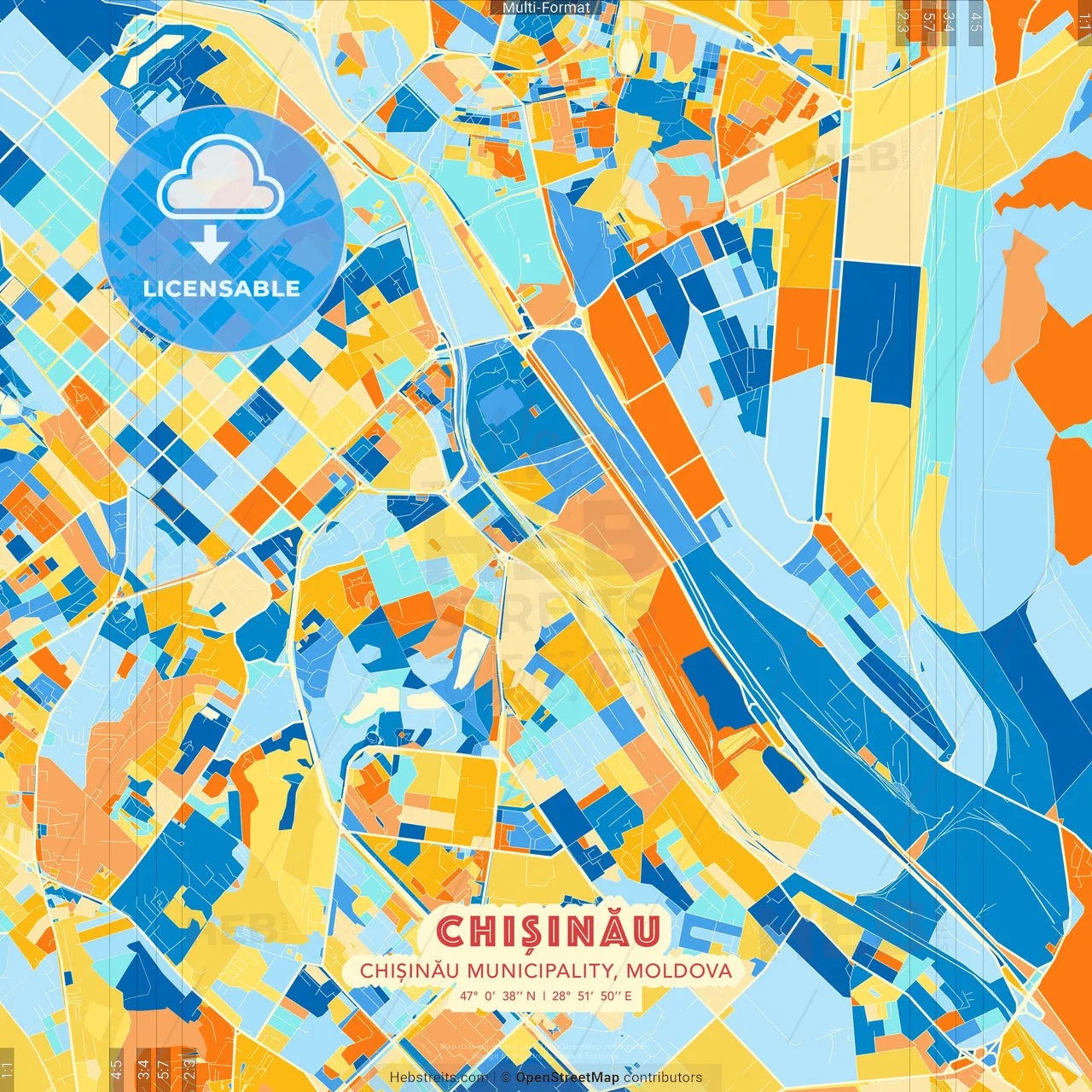 Chișinău, Chișinău municipality, Moldova blue and orange vector art map template