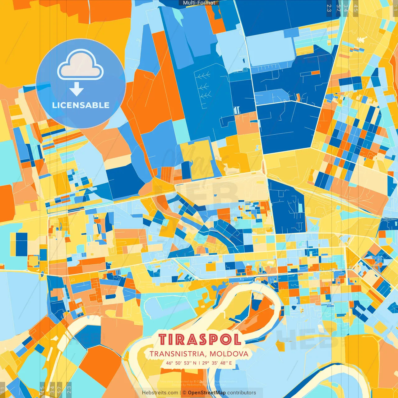 Tiraspol, Transnistria, Moldova blue and orange vector art map template