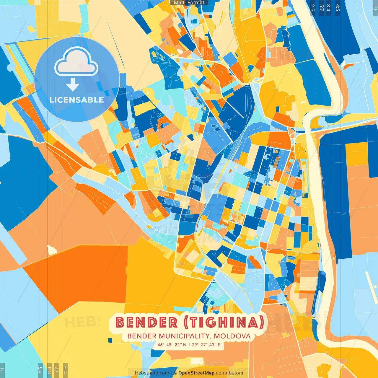 Bender (Tighina), Bender municipality, Moldova blue and orange vector art map template