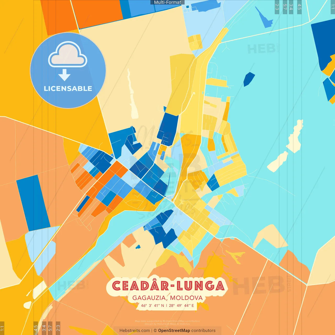 Ceadâr-Lunga, Gagauzia, Moldova blue and orange vector art map template