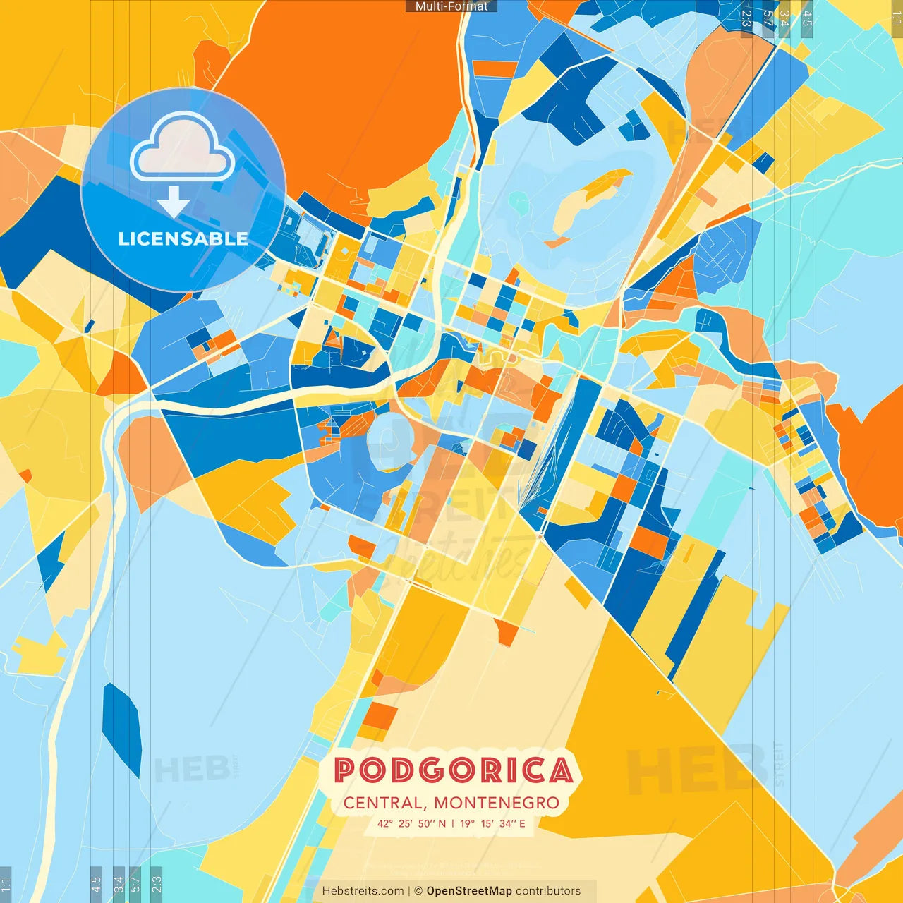 Podgorica, Central, Montenegro blue and orange vector art map template