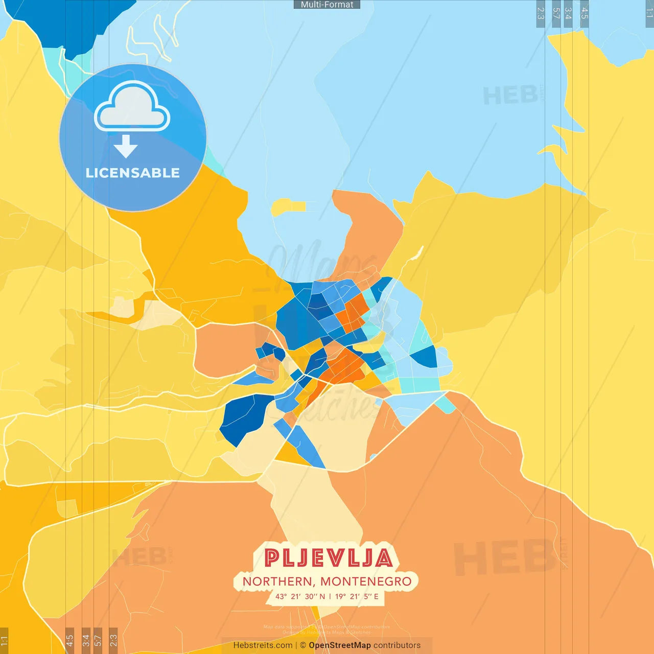 Pljevlja, Northern, Montenegro blue and orange vector art map template