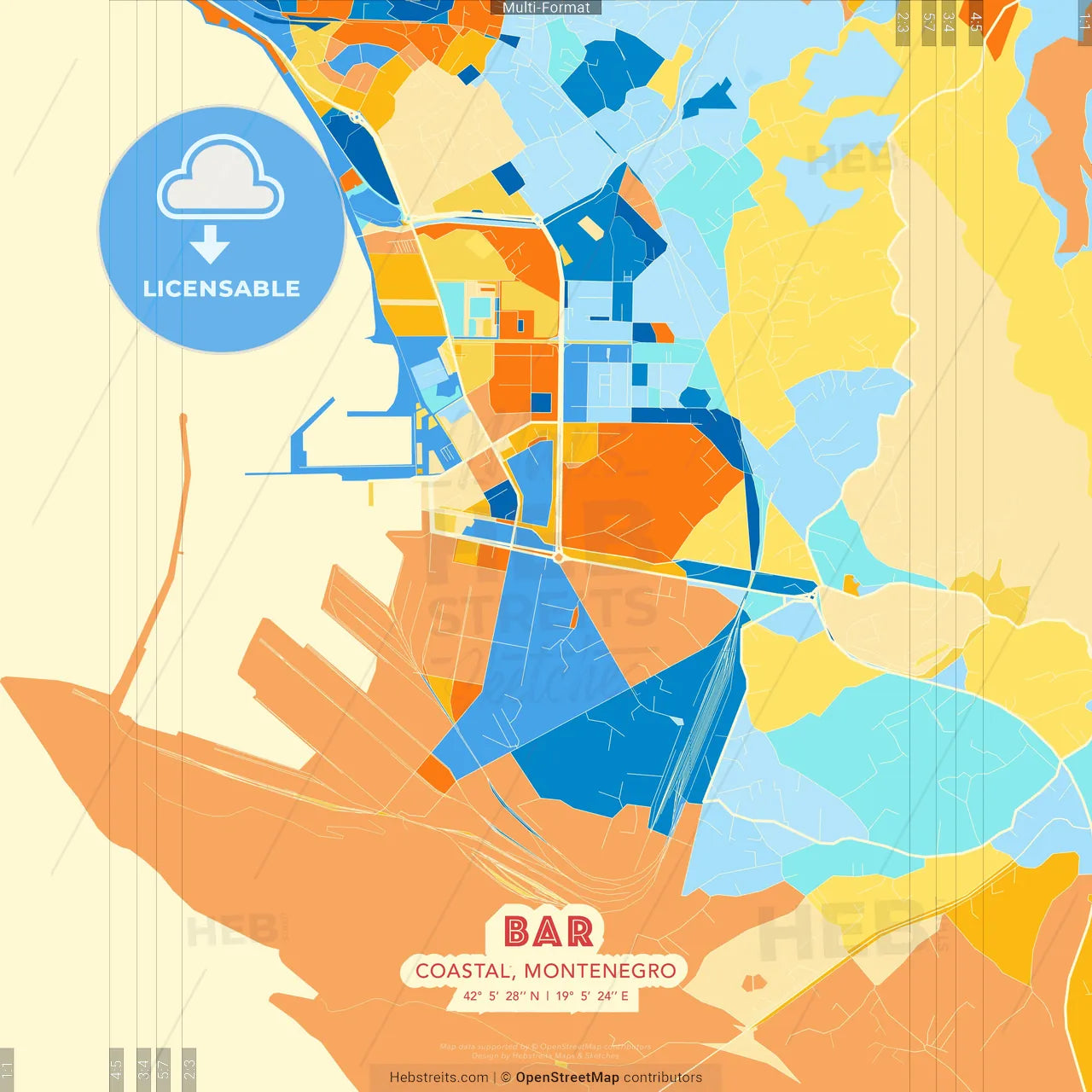Bar, Coastal, Montenegro blue and orange vector art map template