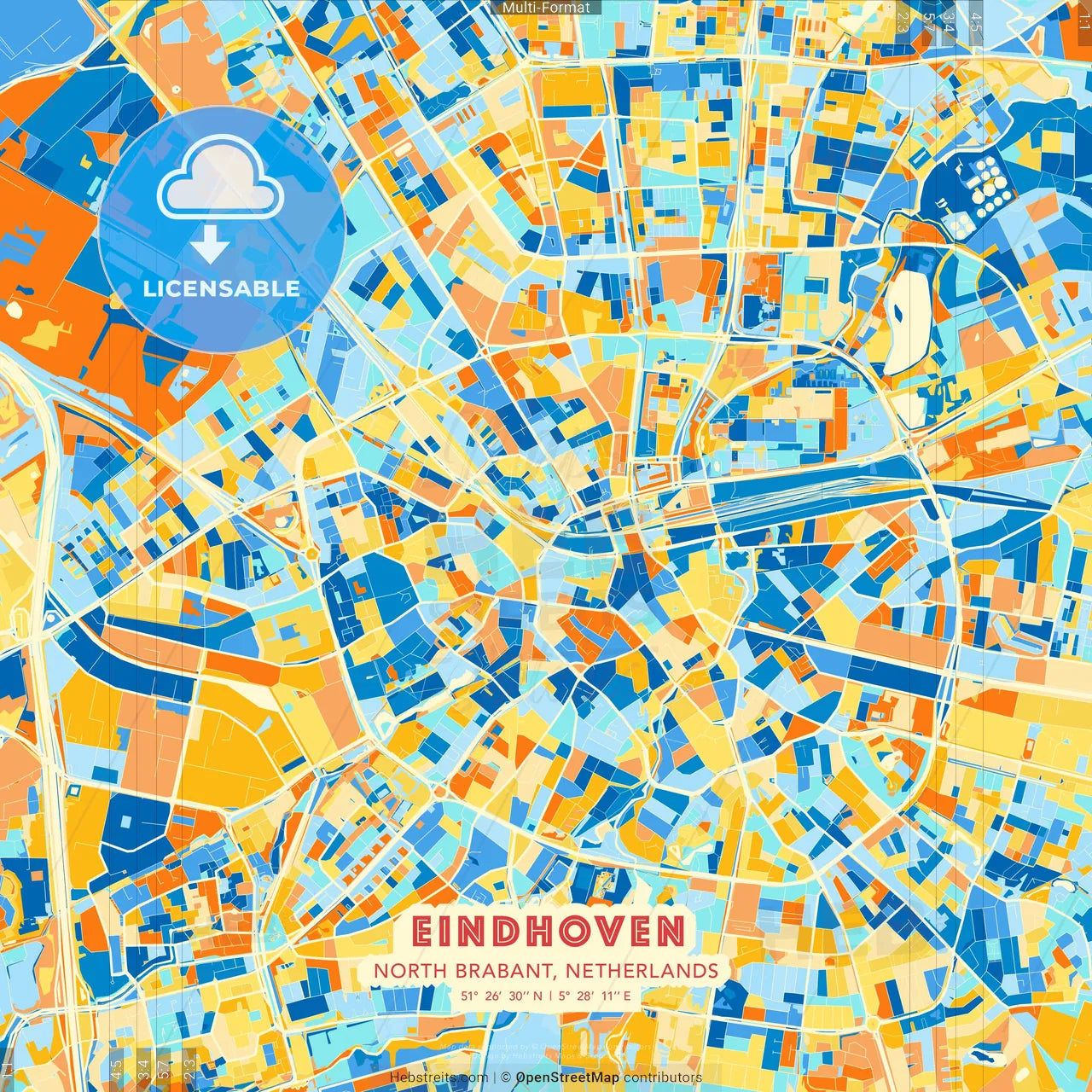 Eindhoven, North Brabant, Netherlands blue and orange vector art map template